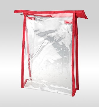 Прозрачная горизонтальная косметичка ПВХ с окантовкой из красной ткани. Размеры: 24 x 17 x 6 см